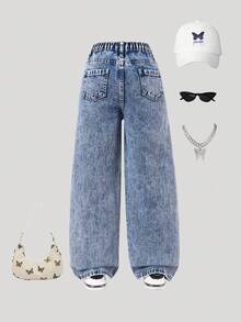 ChillGRL Tween Girl 不对称弹性腰部蝴蝶印花宽松舒适浅蓝色牛仔阔腿裤 - 中等水洗藍 - 查看 2