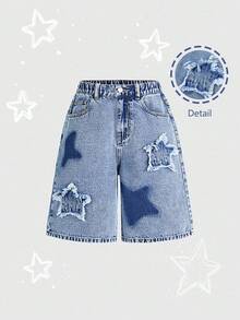 SHEIN ChillGRL Tween Girl' Y2K Streetwear Chic Acid Washed Distressed Blue Star Embroidery Elastic Waist Loose Denim Shorts, School, Campus, College - Light Wash - View 8