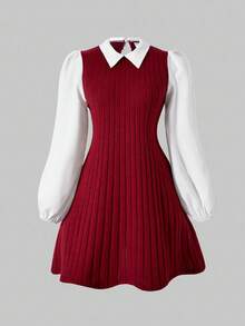 SHEIN ChillGRL Streecool Teen Girl Casual College Style Teen Girl Patchwork Long Sleeve Short Casual Dress Fall Winter - Red - View 3