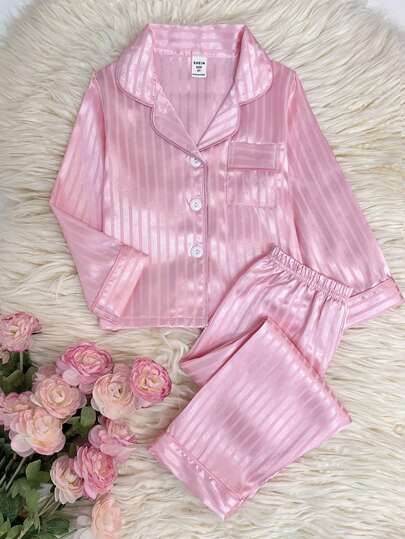 Young Girl Comfortable Striped Front Button Long Sleeve Top And Pants Pajama Set, Autumn