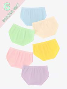 女童内裤六件套 - 彩虹独角兽印花三角裤，可爱独角兽卡通图案设计，粉色、黄色、绿色、紫色、蓝色、米色多色组合，柔软棉质面料，社交媒体风格，梦幻舒适，日常换尿布，假日必备，女童内裤套装
