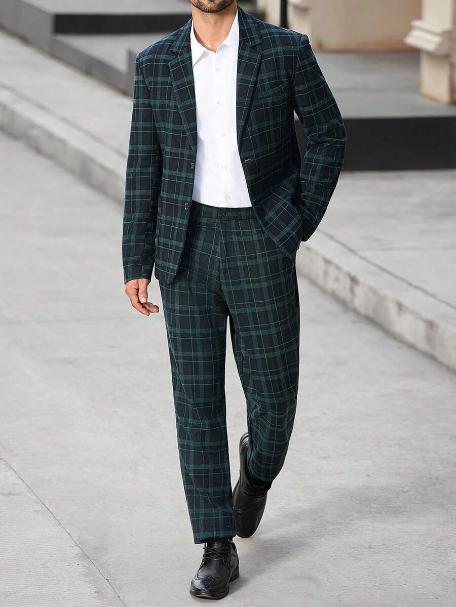 Manfinity Bizformal Ensemble casual veste et pantalon à carreaux col châle à manches longues pour hommes
