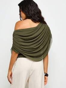 AiiRZ Draped Off Shoulder Top With Ruched Detailing For Spring Summer Casual Wear - Army Green - View 2