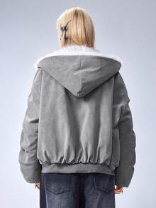 ROMWE EDITION Y2K仿皮草和麂皮双面穿女式韩流外套，适合秋冬季穿着 - 灰色 - 查看 3