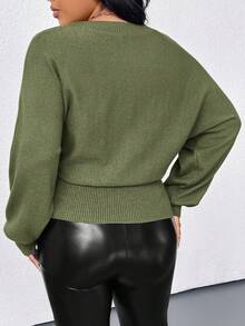 Elenzga Plus Size Casual Solid Color Batwing Sleeve Sweater, Autumn/Winter - Green - View 2