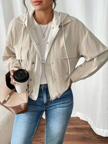 SHEIN Frenchy Women's Patchwork 2 In 1 Fleece Hoodie Jacket,For Autumn & Winter,Fall Outfits,Commute,Minimalist,Office,Old Money,Simple,Prom Ball/Uni/Halloween/Patterned Sweater/Patch/Schoolwear For Women/Halloween Sweater/Essentials/Christmas/Women's Office Attire/Basic/Cute. Casual - Apricot - View 4