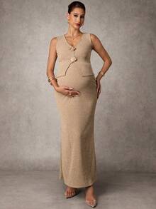 MaterniChic Bộ 2 món áo yếm viền kim loại trang trí cho bà bầu và chân váy midi cạp có thể điều chỉnh, thời trang - Màu Khaki - Xem 3