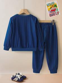 Nick 90s | SHEIN 2pcs/Set Young Boy Cute Cartoon Graphic Navy Casual Long Sleeve Crew Neck Sweatshirt And Pants Set - Blue - View 2