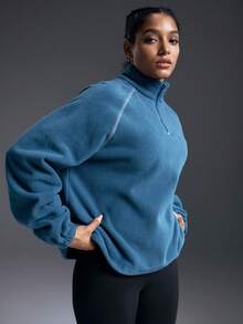Powerista 女士插肩袖拉链半开襟保暖加厚卫衣，秋冬蓝色运动服 - 藍色 - 查看 1