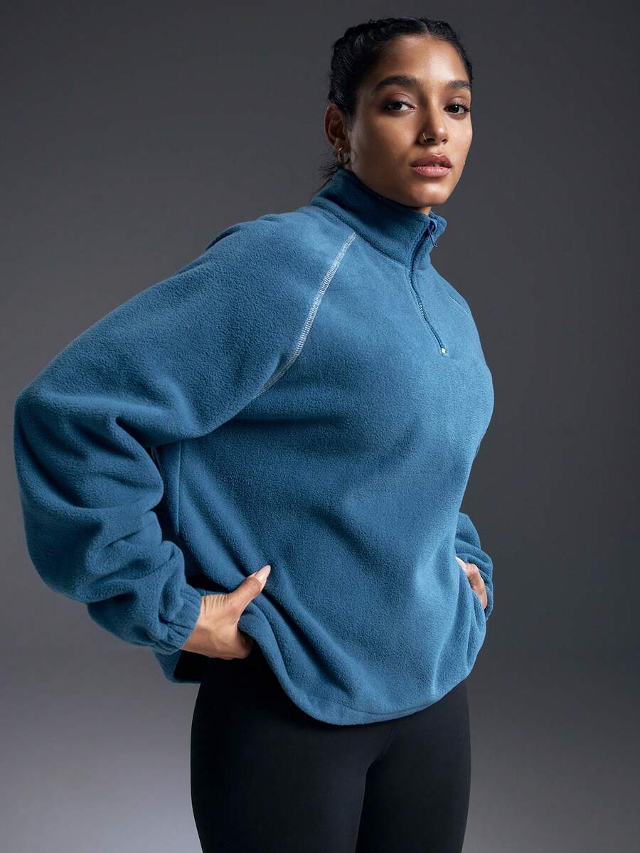 Powerista 女士插肩袖拉链半开襟保暖加厚卫衣，秋冬蓝色运动服 - 藍色 - 查看 1