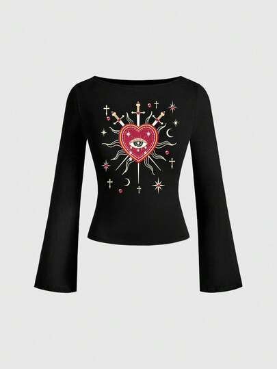 Goth Heart Cross Gemstone Teardrop Moon & Star Sexy Punk Low-Cut Vintage Ruched Fitted Black Gothic Flare Sleeve Long Sleeve Women T-Shirt
