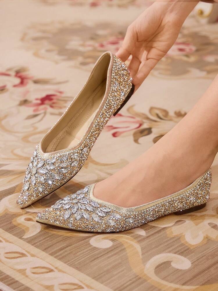 CUCCOO TILAWA Fashionable Pointed Toe Champagne Color Fully Rhinestone Decor Comfortable Versatile Flat Women Shoes For Christmas