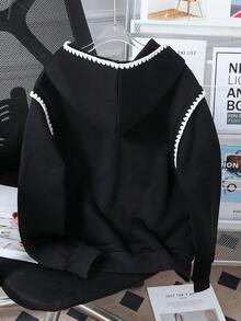 SHEIN 一件少女宽松英文印花卫衣，撞色滚边设计，适合秋冬季节、户外活动、上学、旅行、聚会、通勤等场合，必备套头衫。 - 黑色 - 查看 2