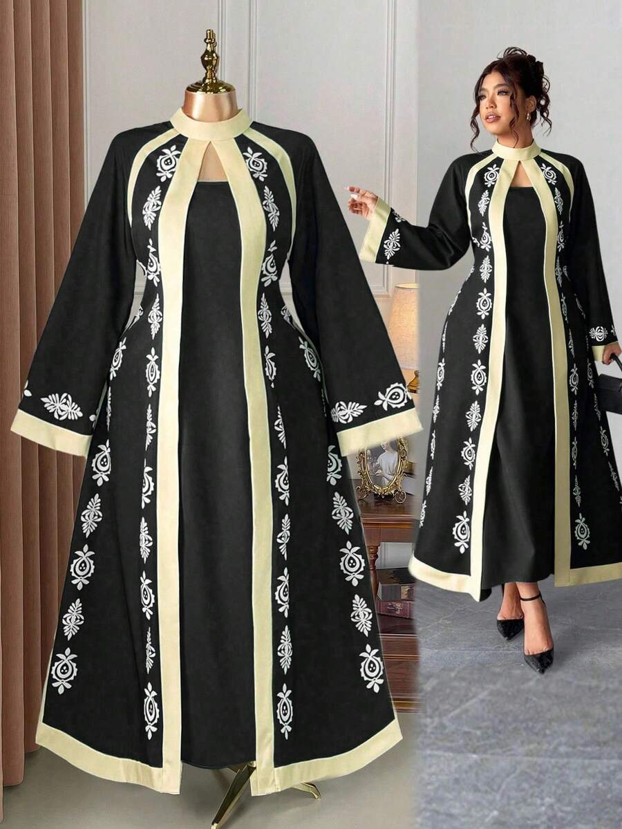 SHEIN Clasi 大码女式优雅度假风印花高领喇叭袖修身连衣裙（忧郁气质）（周三美学） - 彩色 - 查看 1
