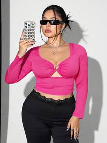 SHEIN ICON 加大码心形钻石装饰透视网纱拼接修身镂空长袖黑色T恤 - 玫紅色 - 查看 1