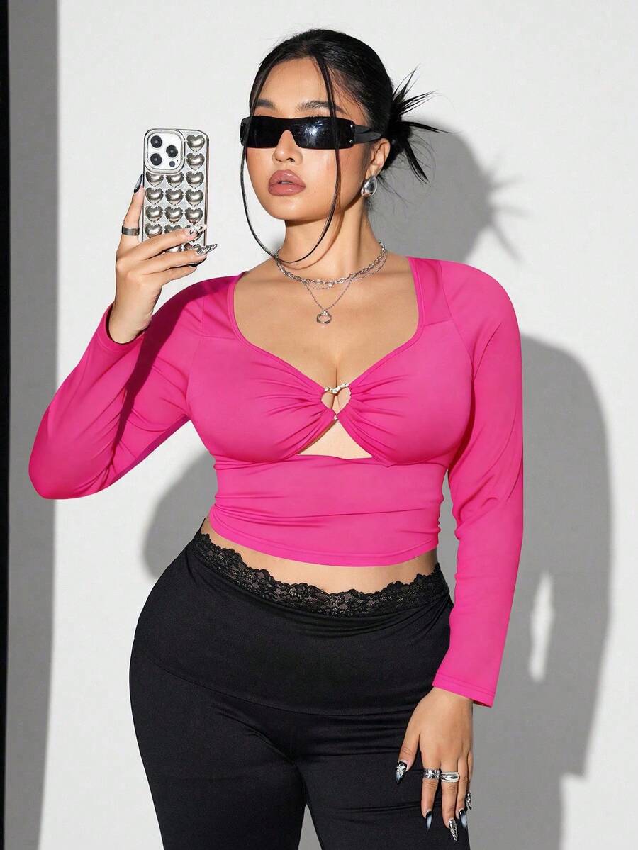 SHEIN ICON 加大码心形钻石装饰透视网纱拼接修身镂空长袖黑色T恤 - 玫紅色 - 查看 1