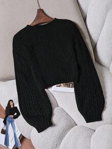SHEIN Franclia Sweater Pullover Wanita Kasual Minimalis Serbaguna untuk Berpergian, Leher Bulat, Tali Putar, Lengan Lentera, Musim Gugur/Dingin - Hitam - View 2