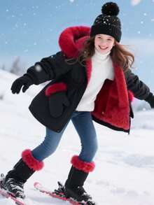 SHEIN Girls' Mid-Length Hooded Casual Pocket Faux Fur Solid Color Fleece Jacket, Winter - Burgundy - View 7