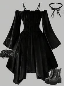 SHEIN ChillGRL Romweezy Girls Velvet Asymmetrical Off-Shoulder Backless Flare Sleeve Dress, Elegant Solid Color Suitable For Casual, Party, Holiday Wear In Autumn/Winter - Black - View 2