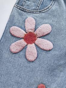 SHEIN ChillGRL Tween Girl Jeans - New Fashion Distressed Snow Wash Embroidered Wide Leg Jeans, Minimalist Style, Urban City Girl, Vintage Washed Denim Color, Y2K Academic Streetwear Casual Cute Retro, Square Button Waist Cutout, Comfortable Cotton Denim, Light Blue Denim Dress For All Seasons, Fashionable Chic Daily Wear, School, Commute, Party, Home, Back To School, Holiday, Autumn New Arrival Flower Pants Tween Jean Pants Embroidery Flower Jeans 90s Kids Girls Spring Summer Full For 1 Fall Winter