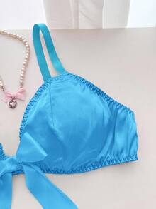Plus Size Women Sexy Lingerie Set - Adjustable Strap Crop Top With Bow Accent + Bow Accent Panty - Mint Blue - View 4