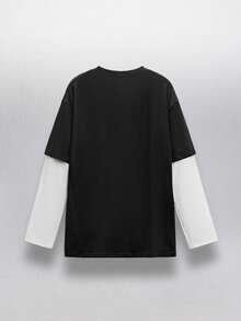 SWAVVY Men's Knitted Casual Daily Younger Generation English Text Print Patchwork Loose Long Sleeve T-Shirt, Summer, School, Fall - Grey - View 2