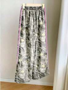 SHEIN Tween Girls' Casual Fashion Street Sporty Full Print Contrast Striped Side Loose Wide Leg Pants - Multicolor - View 2