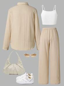 Sparklyn 3 件套休闲时尚编织提花纹理衬衫，搭配吊带背心和长裙，适合少女，宽松舒适，适合春季、夏季、秋季、日常穿着、通勤、户外活动、派对、拍照 - 彩色 - 查看 2