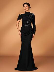 Serin Elegant Luxurious Faux Pearl Beaded Lace Applique Patchwork Elastic Knit Ruched Sleeve Mermaid Hem Dress, Suitable For Wedding, Party, Holiday, Bridal, Mother Of The Bride Evening Gown, Valentine's Day - Black - View 7