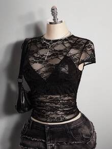 SHEIN ICON Áo thun tay ngắn hở lưng cổ tròn ren đen cỡ lớn - màu đen - Xem 5