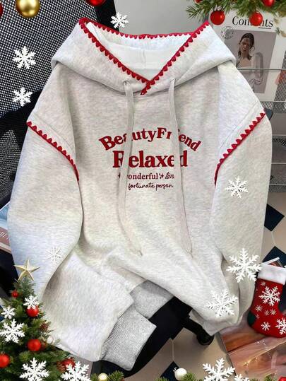 INAWLY Women's Fashion Casual Retro Minimalist Romantic Vacation Embroidered Letter Hoodie Sweatshirt