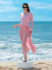 Swim Shayni Women's Floral Lace Trim One-Piece Swimsuit With Skirt, Suitable For Pool And Beach, Summer - Pink - View 4