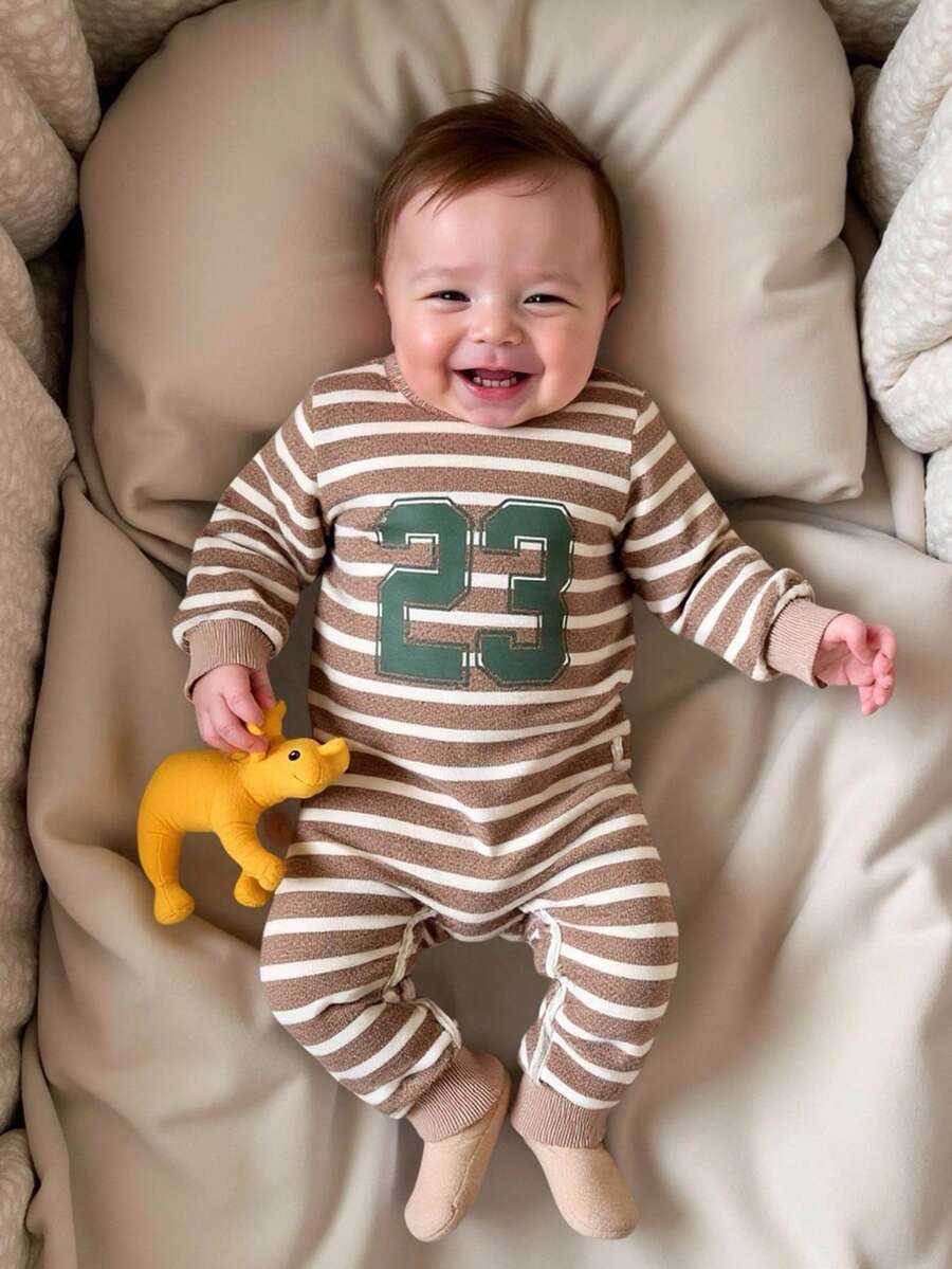 SHEIN Infant Boys' Casual Comfortable Number Print Striped Jumpsuit, Autumn/Winter