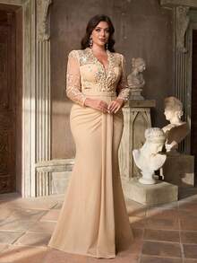 Aureia Plus Size Elegant Romantic Apricot Deep V-Neck Floral Decor Waist Ruched Mermaid Hem Formal Evening Gown