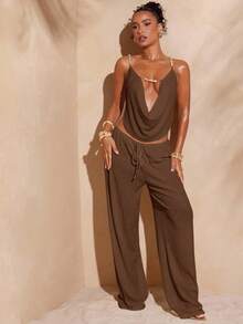 Hauture Sexy Mob Wife Party Casual Vacation Minimalist Solid Textured Twist Waist Loose Wide Leg Pants - Brown - View 2
