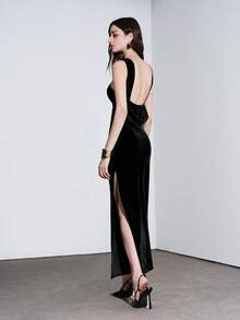 Lumivelle 女士金属扣装饰吊带露背镂空修身侧开衩A字丝绒性感吊带裙 - 黑色 - 查看 2