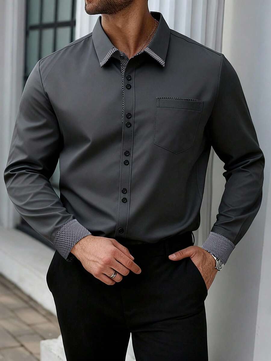 Manfinity Mode Plus Size Men's Long Sleeve Casual Business Shirts - Dark Grey - View 1