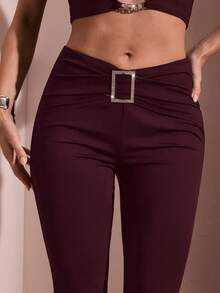 SHEIN BAE Women's Solid Color Square Rhinestone Flared Pants,Fall,Fall Clothes For Women,Winter Clothes For Women - Maroon - View 5