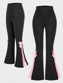 SHEIN ChillGRL Quần ống loe thời trang cho bé gái tuổi teen có nơ trang trí - màu đen - Xem 7