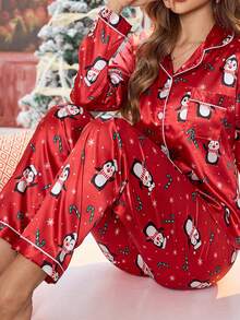 2 Piece Sets Women & Teen GirlElegant Plaid Satin Fabric Cardigan & Pants Casual Comfortable Pajama Set Teen Christmas Pajamas Teen Girl Clothes Teen Girl Sleep Wear - Red - View 4