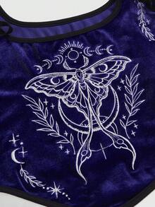 ROMWE Goth 哥特式暗黑风格刺绣飞蛾撞色宫廷方领紧身天鹅绒上衣 - 紫色 - 查看 4
