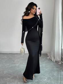 Rafferiza 这款女士露肩不规则网纱连衣裙饰有飘逸的珍珠装饰，紧身收腰，尽显曼妙身姿。它是一款优雅的派对礼服，也是一款时尚优雅的黑色紧身连衣裙，适合日常穿着、婚礼、宴会、通勤、毕业派对、节日庆典、度假、约会、聚会、万圣节、圣诞节、新年和感恩节等场合。 - 黑色 - 查看 5