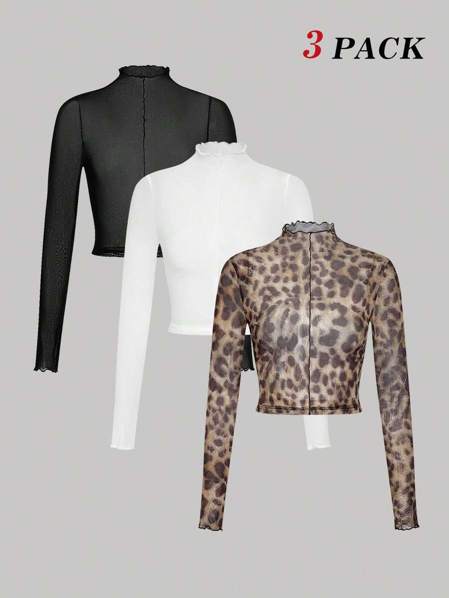 SHEIN MOD Women's Ruffle Collar Fitted Mesh Blouse, Black, White, Leopard Print,Fall/Winter,Look,Western, Leopard ,Boho,Mesh Top, Tight Tops, Stand Collar Tops, Leopard Tops - Multicolor - View 1