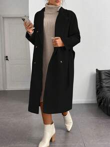 Juhart Plus Size Solid Color Minimalist Long Sleeve Overcoat, Everyday Wear - Black - View 4