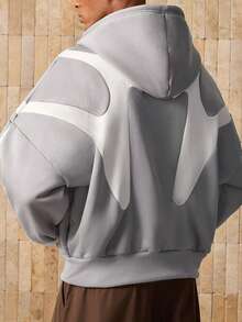 Manfinity Unisex 男士时尚休闲针织宽松长袖连帽运动衫，适合秋冬季 - 灰色 - 查看 1