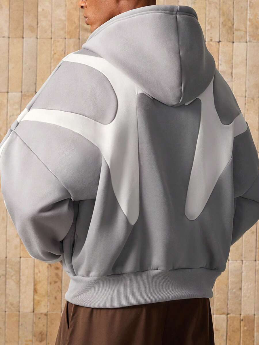 Manfinity Unisex 男士时尚休闲针织宽松长袖连帽运动衫，适合秋冬季 - 灰色 - 查看 1