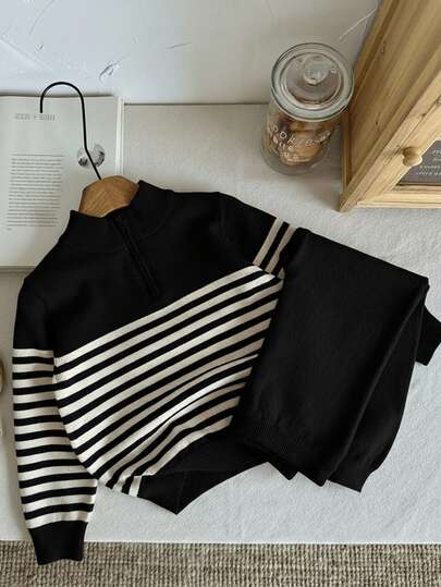 SHEIN 2-Piece Set For Young Boys And Young Girls, Casual Sportswear, Gentleman College, Japanese And Korean Basic Style, Simple Stand-Up Collar, Half-Open Cardigan, Black And White Striped Sweater, White Woolen Pants Suit Boys Clothes Boys Outfit Sets Back To School Clothes