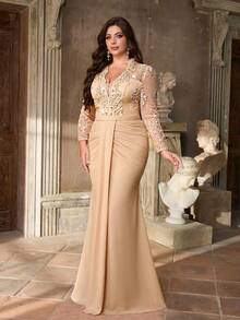 Aureia Plus Size Elegant Romantic Apricot Deep V-Neck Floral Decor Waist Ruched Mermaid Hem Formal Evening Gown