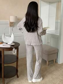 Teenage Girl Knitted Fuzzy Ribbed Crew Neck Long Sleeve T-Shirt And Pants Casual Outfit - Beige - View 2