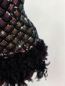 Y2K Amplova Deep V-Neck Halter Sequin & Furry Patchwork Bodycon Mini Dress - Multicolor - View 6